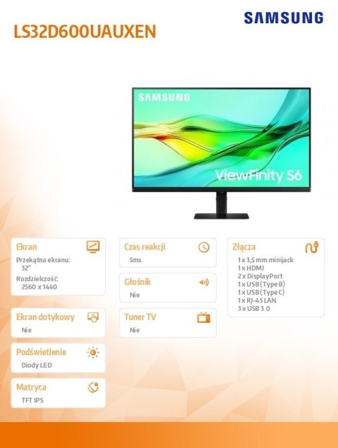 Samsung Monitor 32 cale ViewFinity S60UD IPS 2560x1440 WQHD 16:9 1xHDMI 2xDP 1xUSB-C 90W 3xUSB-A 5ms PinP/PbyP 100Hz HAS+PIV płaski 3YOn