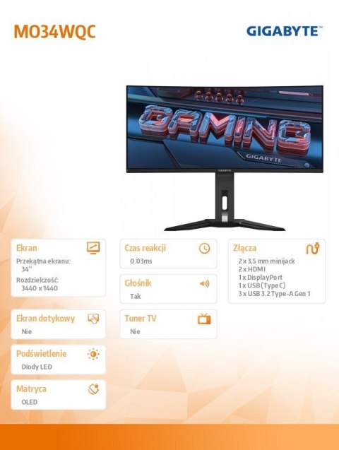 Gigabyte Monitor 34 cale MO34WQC OLED WQHD 2xHDMI DP USB-C