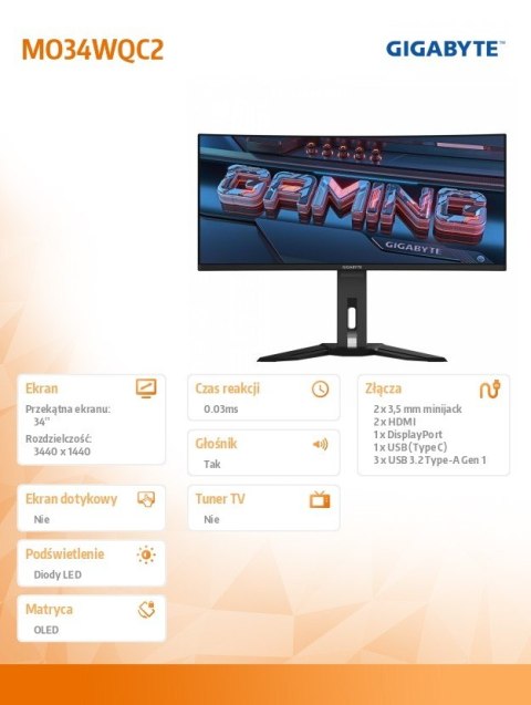 Gigabyte Monitor 34 cale MO34WQC2 OLDE WQHD 250cd/m2/175Hz/ 0,03MS/2xHDMI/DP