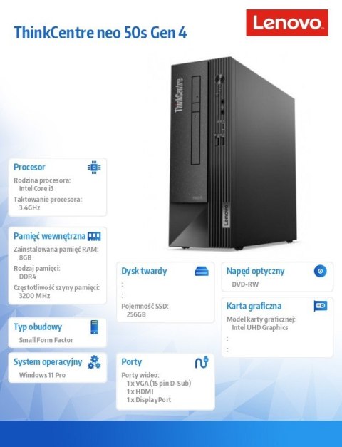 Lenovo Komputer ThinkCentre Neo 50s G4 SFF 12JF001XPB W11Pro i3-13100/8GB/256GB/INT/DVD/3YRS OS