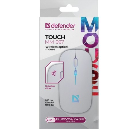 Defender Mysz bezprzewodowa silent click TOUCH MM-997 akumulator 800/1200/1600 DPI biała Defender Mysz bezprzewodowa silent click TOUCH MM-997 akumulator 800/1200/1600 DPI biała