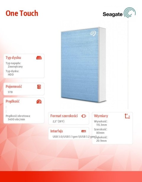 Seagate Dysk One Touch 5TB 2,5 STKZ5000402 niebieski