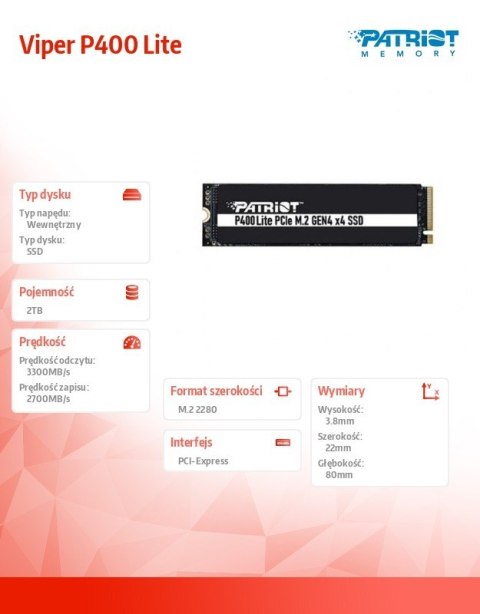 Patriot Dysk SSD 2TB Viper P400 Lite 3300/2700MB/s PCIe M.2 Gen 4x4 NVMe1.4 Patriot Dysk SSD 2TB Viper P400 Lite 3300/2700MB/s PCIe M.2 Gen 4x4 NVMe1.4