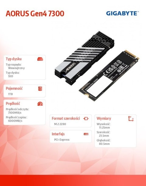 Gigabyte Dysk SSD AORUS NVMe Gen4 1TB M.2 2280 9JS18N100-00-G10 Gigabyte Dysk SSD AORUS NVMe Gen4 1TB M.2 2280 9JS18N100-00-G10