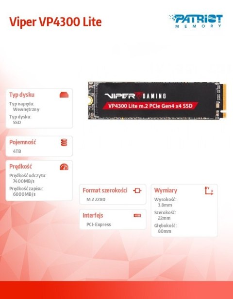 Patriot Dysk SSD 4TB Viper VP4300 Lite 7400/6000 M.2 PCIe Gen4x4 NVMe 2.0 PS5 Patriot Dysk SSD 4TB Viper VP4300 Lite 7400/6000 M.2 PCIe Gen4x4 NVMe 2.0 PS5