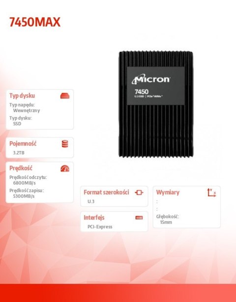 Micron Dysk SSD 7450MAX 3200GB NVMe U.3 MTFDKCC3T2TFS-1BC1ZABYY Non-SED Micron Dysk SSD 7450MAX 3200GB NVMe U.3 MTFDKCC3T2TFS-1BC1ZABYY Non-SED