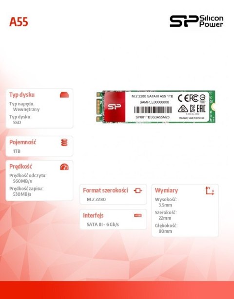 Silicon Power Dysk SSD A55 1TB M.2 560/530 MB/s Silicon Power Dysk SSD A55 1TB M.2 560/530 MB/s