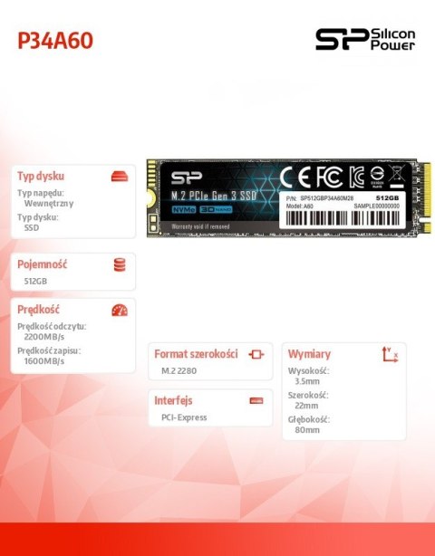 Silicon Power Dysk SSD A60 512GB M.2 PCIe 2200/1600 MB/s NVMe Silicon Power Dysk SSD A60 512GB M.2 PCIe 2200/1600 MB/s NVMe