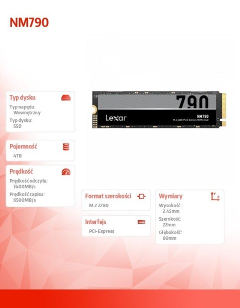 Lexar Dysk SSD NM790 4TB 2280 PCIeGen4x4 7400/6500MB/s Lexar Dysk SSD NM790 4TB 2280 PCIeGen4x4 7400/6500MB/s