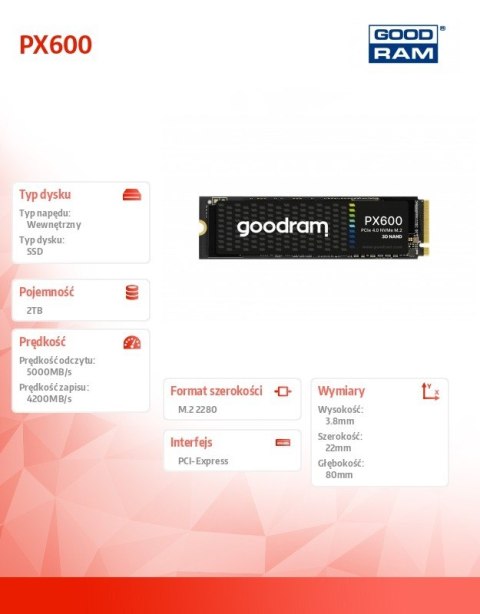GOODRAM Dysk SSD PX600 2TB M.2 PCIe 4x4 NVMe 2280 GOODRAM Dysk SSD PX600 2TB M.2 PCIe 4x4 NVMe 2280
