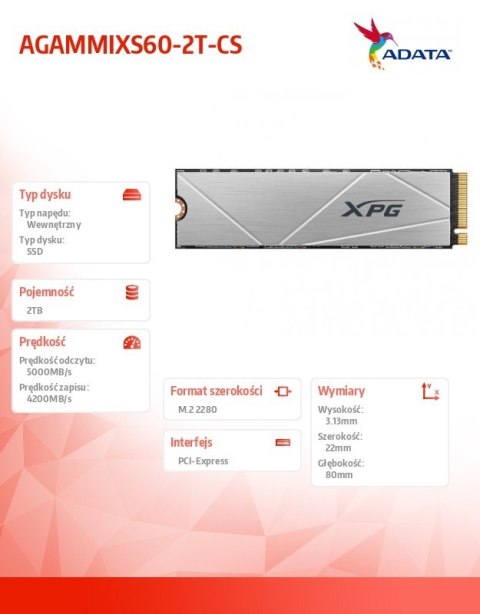 Adata Dysk SSD XPG S60 2TB PCIe 4x4 5/4.2GB/s M2 Adata Dysk SSD XPG S60 2TB PCIe 4x4 5/4.2GB/s M2