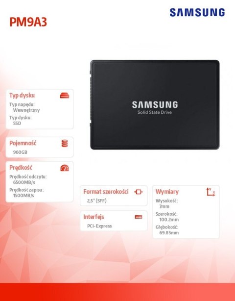 Samsung Dysk SSD PM9A3(U.2) MZQL2960HCJR-00W07 Samsung Dysk SSD PM9A3(U.2) MZQL2960HCJR-00W07