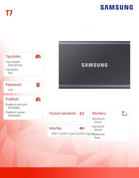 Samsung Dysk SSD Portable T7 4TB USB3.2 Gen.2 szary Samsung Dysk SSD Portable T7 4TB USB3.2 Gen.2 szary
