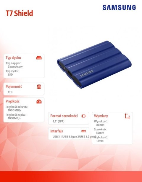 Samsung Dysk SSD T7 Shield 1TB USB 3.2, niebieski Samsung Dysk SSD T7 Shield 1TB USB 3.2, niebieski