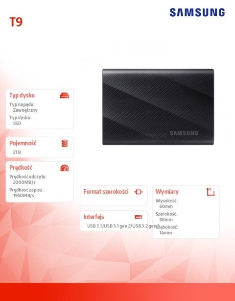 Samsung Dysk zewnętrzny SSD T9 2TB USB3.2 GEN.2 czarny Samsung Dysk zewnętrzny SSD T9 2TB USB3.2 GEN.2 czarny