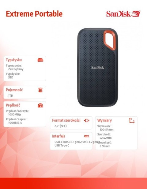 SanDisk Dyskk SSD Extreme Portable 1TB USB 3.2 Gen 2 1050MB/s SanDisk Dyskk SSD Extreme Portable 1TB USB 3.2 Gen 2 1050MB/s