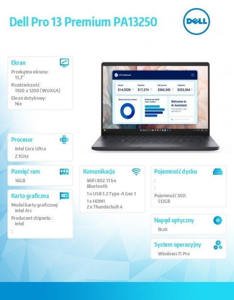 Dell Laptop Dell Pro 13 Premium PA13250 Win11Pro Ultra 5 236V/16GB/512GB SSD G4/13.3 FHD+/Arc/FgrPr/Cams&Mic/WLAN+BT/BcklKb/3C/vPro/3