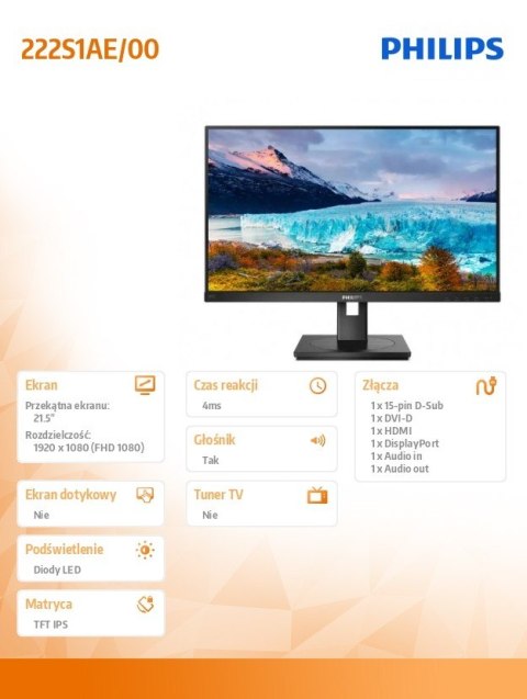 Philips Monitor 222S1AE 21.5 cala IPS DVI HDMI DP Pivot Philips Monitor 222S1AE 21.5 cala IPS DVI HDMI DP Pivot