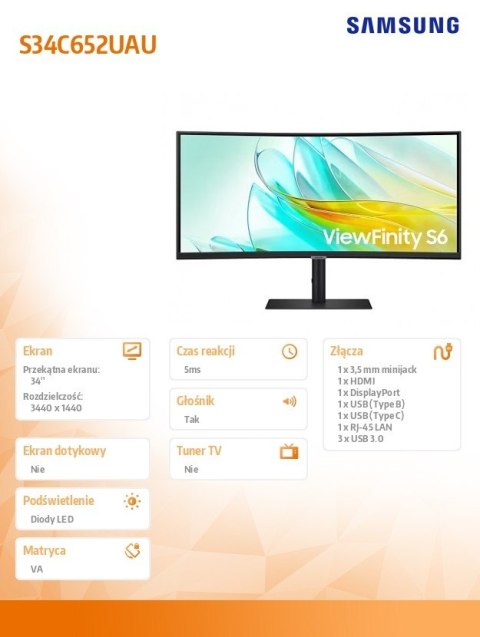 Samsung Monitor 34 cale ViewFinity S65UA VA 3440x1440 UWQHD 21:9 1xHDMI 1xDP 1xUSB-C 90W 3xUSB-A 5ms 100Hz HAS+PIVOT zakrzywiony głośnik