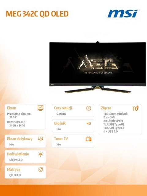 MSI Monitor MEG 342C QD OLED 34.18/UWQHD/175Hz/Zakrzywiony