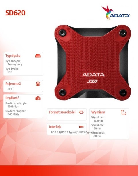 Adata Zewnętrzny dysk SSD SD620 2TB U3.2A 520/460 MB/s Red Adata Zewnętrzny dysk SSD SD620 2TB U3.2A 520/460 MB/s Red