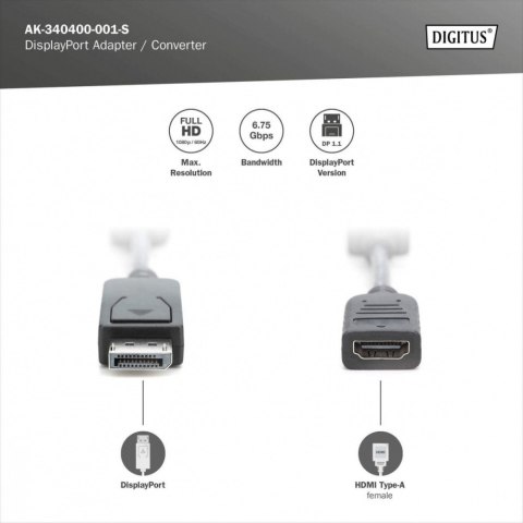 Digitus Kabel adapter Displayport z zatrzaskiem 1080p 60Hz FHD Typ DP/HDMI A M/Ż czarny 0,15m Digitus Kabel adapter Displayport z zatrzaskiem 1080p 60Hz FHD Typ DP/HDMI A M/Ż czarny 0,15m