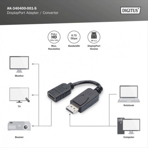 Digitus Kabel adapter Displayport z zatrzaskiem 1080p 60Hz FHD Typ DP/HDMI A M/Ż czarny 0,15m Digitus Kabel adapter Displayport z zatrzaskiem 1080p 60Hz FHD Typ DP/HDMI A M/Ż czarny 0,15m
