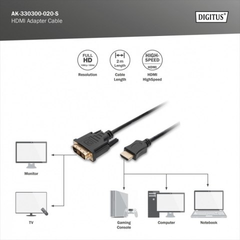 Digitus Kabel adapter HDMI Standard 1080p 60Hz FHD Typ HDMI A/DVI-D (18+1) M/M czarny 2m Digitus Kabel adapter HDMI Standard 1080p 60Hz FHD Typ HDMI A/DVI-D (18+1) M/M czarny 2m