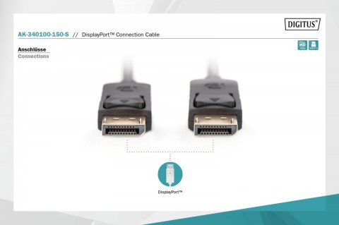Digitus Kabel połączeniowy DisplayPort z zatrzaskami 1080p 60Hz FHD Typ DP/DP M/M czarny 15m Digitus Kabel połączeniowy DisplayPort z zatrzaskami 1080p 60Hz FHD Typ DP/DP M/M czarny 15m