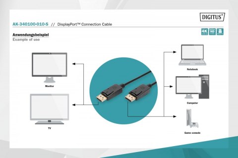 Digitus Kabel połączeniowy DisplayPort z zatrzaskami 4K 60Hz UHD Typ DP/DP M/M czarny 1m Digitus Kabel połączeniowy DisplayPort z zatrzaskami 4K 60Hz UHD Typ DP/DP M/M czarny 1m