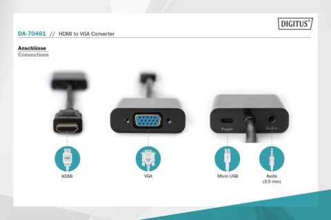 Digitus Konwerter/adapter audio-video HDMI do VGA, 1080p FHD, z audio 3.5mm MiniJack Digitus Konwerter/adapter audio-video HDMI do VGA, 1080p FHD, z audio 3.5mm MiniJack