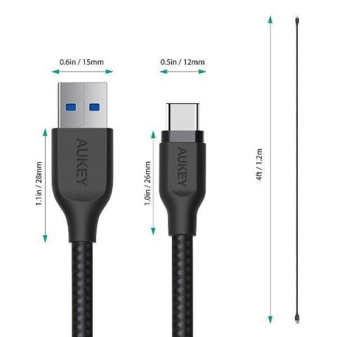 AUKEY CB-AC1 kabel USB-C - USB-A 1.2m 60W PD 3A 5Gbps 20V FCP AFC Quick Charge nylonowy oplot czarny