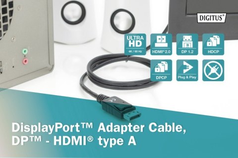 Digitus Kabel adapter DisplayPort 1.2 z zatrzaskiem 4K 60Hz UHD Typ DP/HDMI A M/M czarny 2m Digitus Kabel adapter DisplayPort 1.2 z zatrzaskiem 4K 60Hz UHD Typ DP/HDMI A M/M czarny 2m