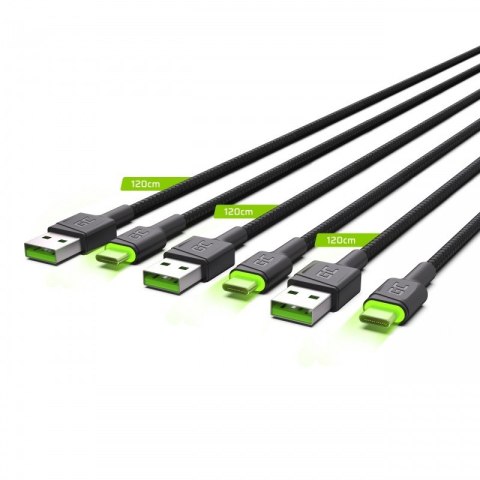 Green Cell Kabel zestaw 3x GC Ray USB - USB-C 120 cm, LED Green Cell Kabel zestaw 3x GC Ray USB - USB-C 120 cm, LED