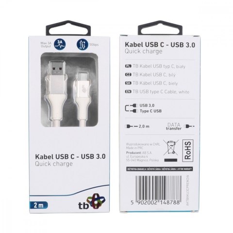 TB Kabel USB 3.0 - USB C 2m PREMIUM 3A biały TPE TB Kabel USB 3.0 - USB C 2m PREMIUM 3A biały TPE