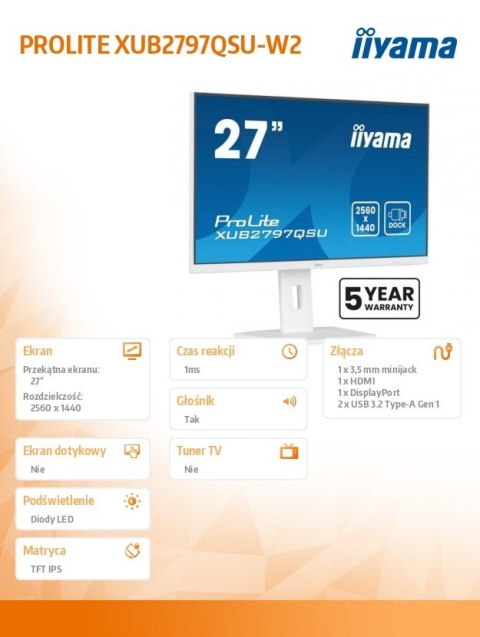 IIYAMA Monitor 27 cali XUB2797QSU-W2,IPS,HDMI,DP,100Hz,QHD,300cd,(5y) IIYAMA Monitor 27 cali XUB2797QSU-W2,IPS,HDMI,DP,100Hz,QHD,300cd,(5y)
