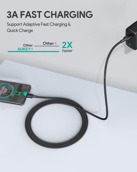 AUKEY CB-CC2 OEM kabel USB-C - USB-C 2m 60W PD 3A 20V nylonowy oplot czarny
