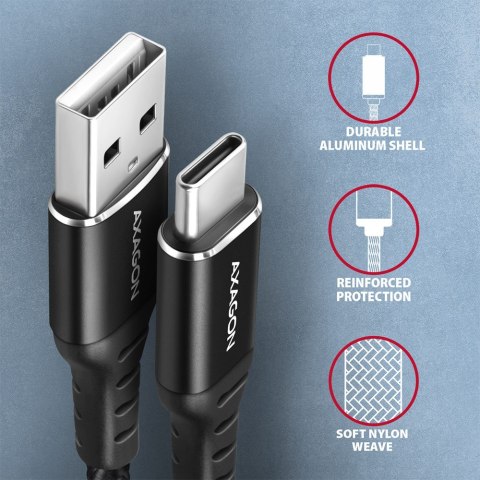 AXAGON BUCM-AM15AB Kabel USB-C - USB-A, 1.5m, USB 2.0, 3A, ALU, oplot, Czarny AXAGON BUCM-AM15AB Kabel USB-C - USB-A, 1.5m, USB 2.0, 3A, ALU, oplot, Czarny