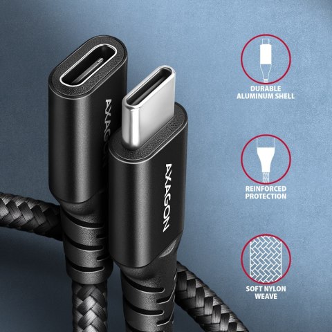 AXAGON BUCM32-CF15AB Kabel przedłużacz Gen2 USB-C - USB-C 1.5m, 5A, 20Gbps, PD 240W, oplot, czarny