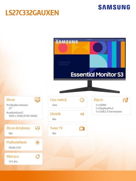 Samsung Monitor 27 cali LS27C332GAUXEN IPS 1920x1080 FHD 16:9 1xHDMI 1xDP 4ms(GT) 100Hz płaski 2 lata d2d