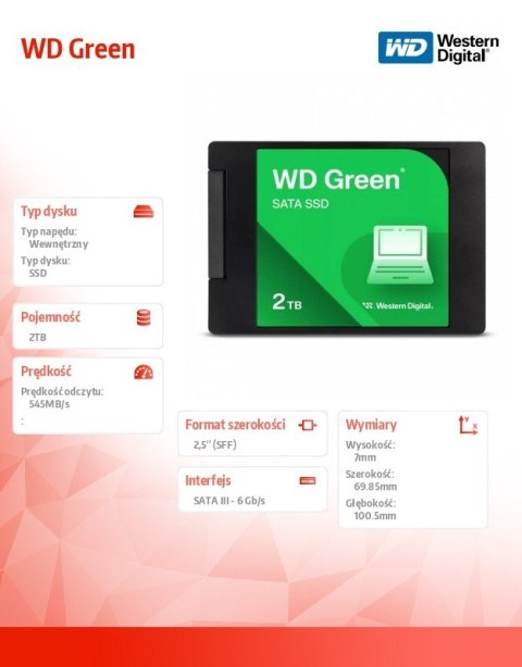 Western Digital Dysk SSD Green 2TB SATA 2,5 cala WDS200T2G0A Western Digital Dysk SSD Green 2TB SATA 2,5 cala WDS200T2G0A