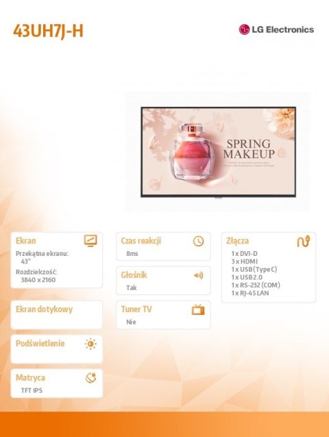 LG Electronics Monitor wielkoformatowy 43UH7J-H 700cd/m2 UHD 24/7