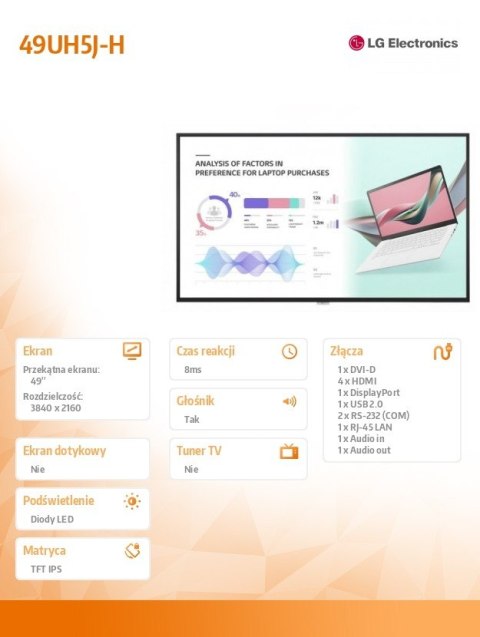 LG Electronics Monitor wielkoformatowy 49 cali 49UH5J-H IPS 500cd/m2 24/7