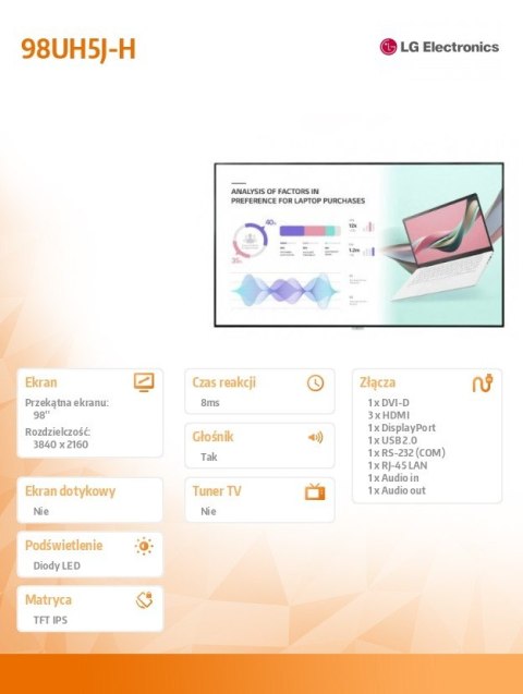 LG Electronics Monitor wielkoformatowy 98UH5J-H UHD 98 cali IPS 500cd/m2 24/7 LG Electronics Monitor wielkoformatowy 98UH5J-H UHD 98 cali IPS 500cd/m2 24/7