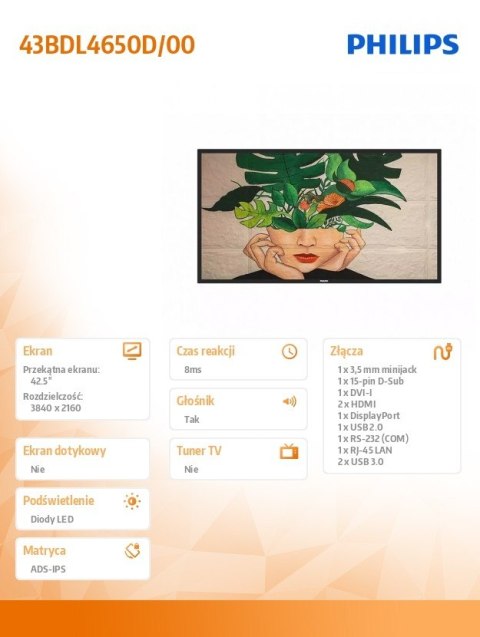 Philips Monitor wielkoformatowy 43BDL4650D 42.5 cala Public Display