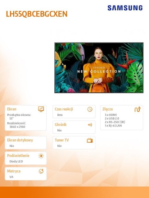 Samsung Monitor profesjonalny QB55C 55 cali Błyszczący 16h/7 350(cd/m2) 3840x2160 (UHD) S10 Player (Tizen 7, VXT Ready) WiFi/BT 3 lata O