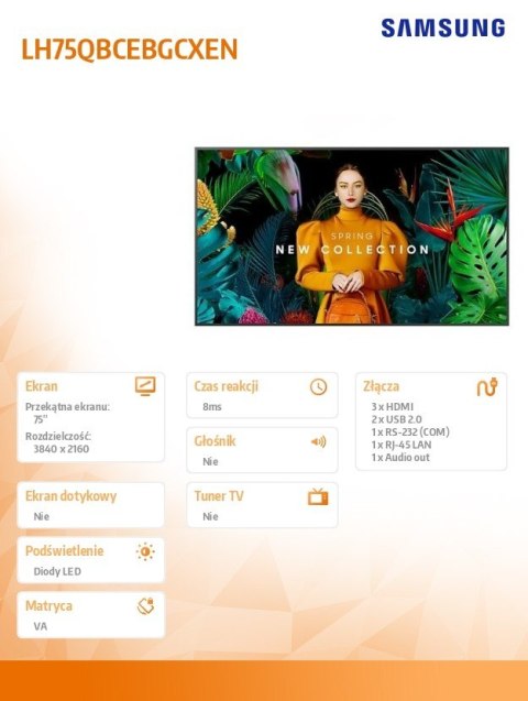 Samsung Monitor profesjonalny QB75C 75 cali Błyszczący 16h/7 350(cd/m2) 3840x2160 (UHD) S10 Player (Tizen 7) Wi-Fi/BT 3 lata On-Site (LH