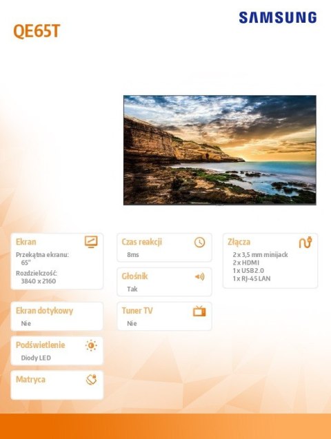 Samsung Monitor profesjonalny QE65T 65 cali Błyszczący 16h/7 300(cd/m2) 3840x2160 (UHD) Lite Player (only) 3 lata On-Site (LH65QETELGC