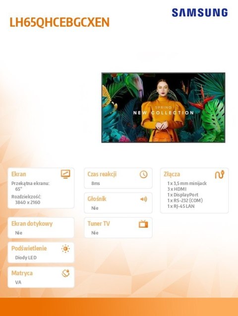 Samsung Monitor profesjonalny QH65C 65 cali Matowy 24h/7 700(cd/m2) 3840 x 2160 (UHD) S10 Player (Tizen 7) WiFi/BT 3 lata On-Site (LH65Q