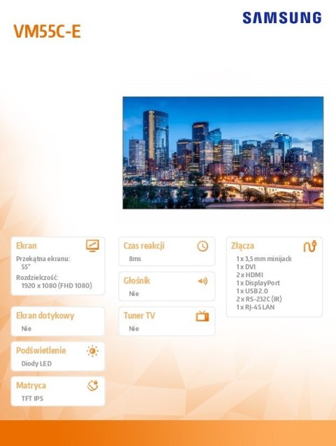 Samsung Monitor profesjonalny VM55C-E 55 cali Video Wall Matowy 24h/7 500(cd/m2) 1920x1080 (FHD) Ramka: 1.3mm (U/L), 0.44 (B/R) 3 lata O
